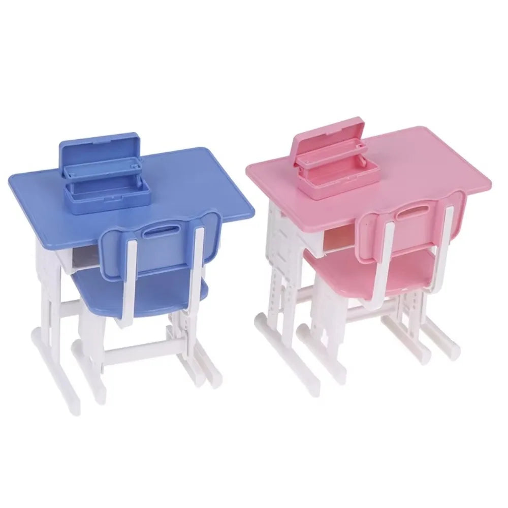 Miniature Dollhouse School Desk Chair & Pencil Box Resin Set