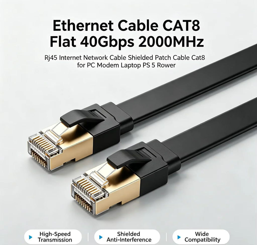 Flat CAT8 Ethernet Cable 40Gbps 2000MHz Shielded RJ45 Patch Cable
