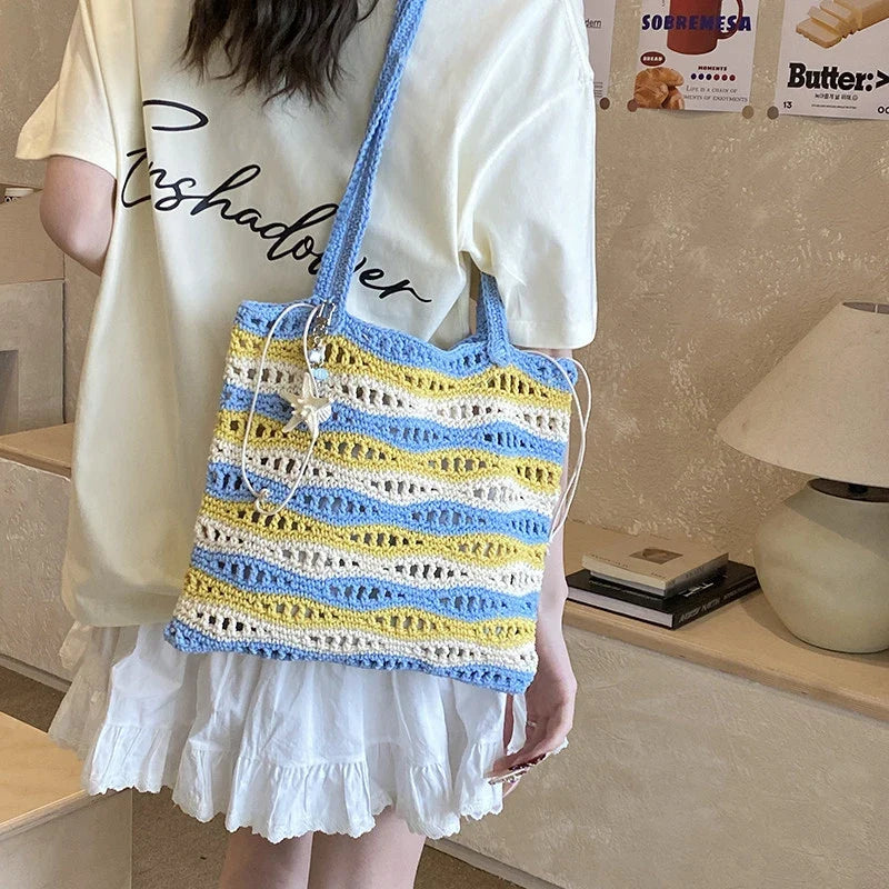 Women's Large Crochet Tote – Two-Tone Striped Shoulder Bag