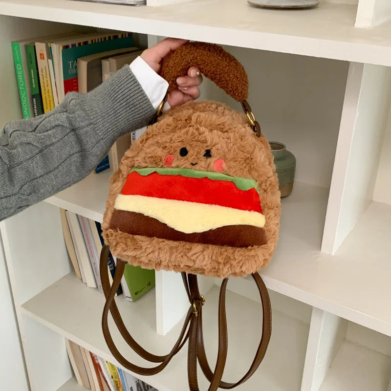 Cute Plush Hamburger Mini Backpack | Novelty Bag for Women