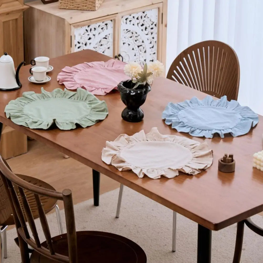 Rustic Round Placemat Ruffled Trim Washed Cotton Table Mat 15"