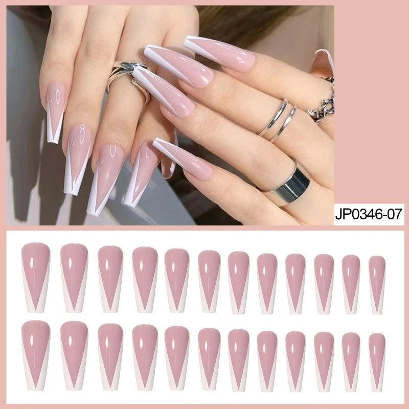 French V-Shape Press On Nails with Rhinestones – 24pcs Ballet