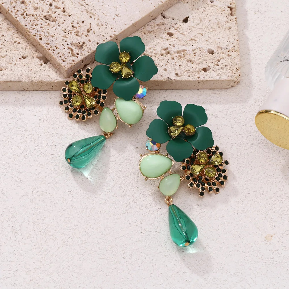 Women's Colorful Flower Rhinestone Drop Earrings – 14K Gold