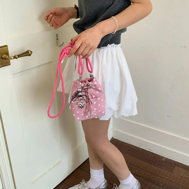 Polka Dot Crossbody Bucket Bag – Drawstring Shoulder Bag