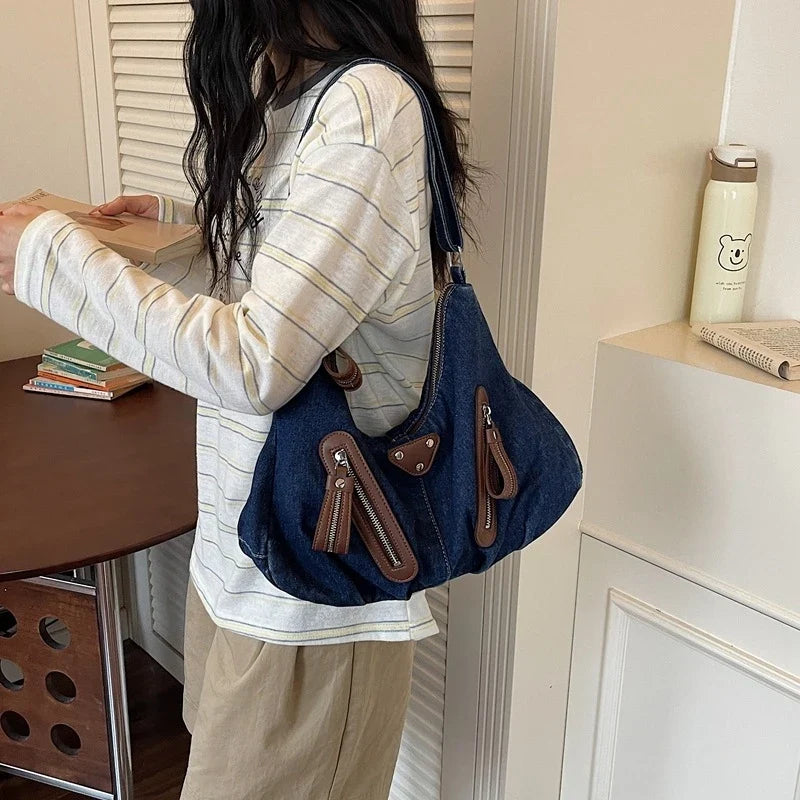 Y2K Denim Shoulder Bag Large Tote Commuter Handbag | Nixie