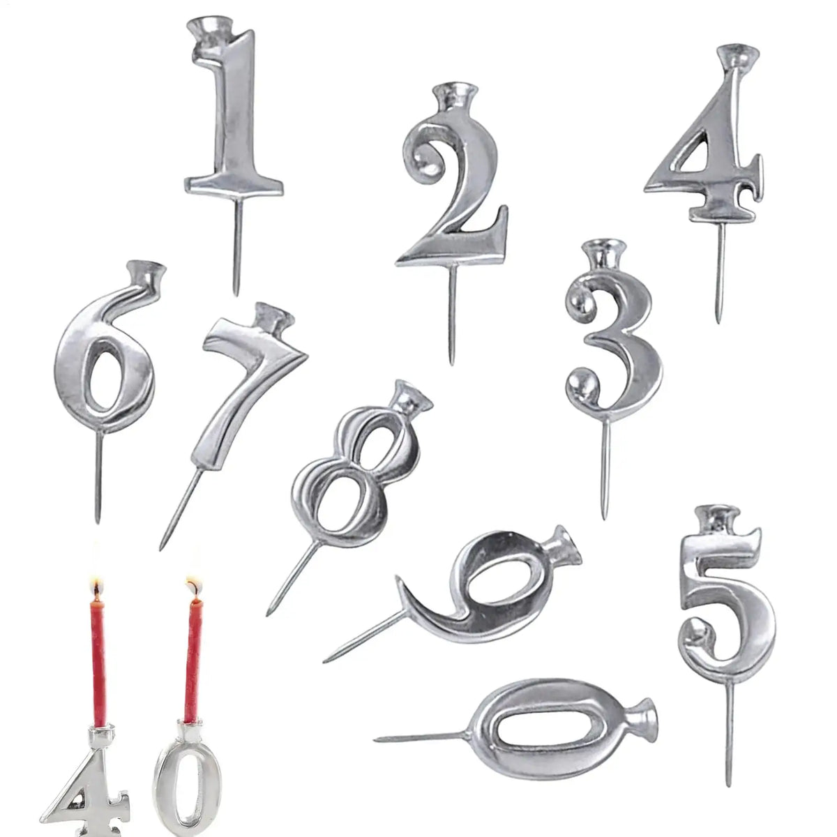 Reusable Number Candle Holders Set | Silver Cake Topper 0–9