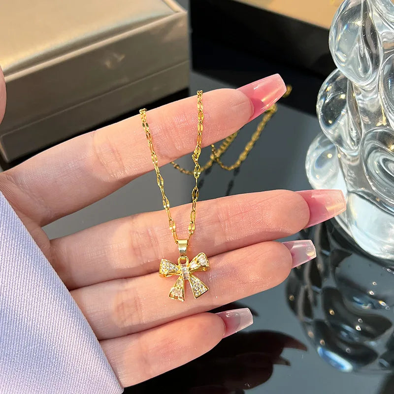 Zircon Bowknot Pendant Necklace | Gold Stainless Steel Chain