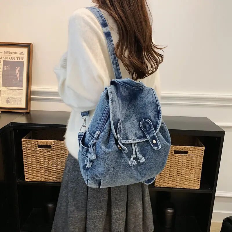 Women's Denim Backpack Large Capacity Retro Travel Bag
