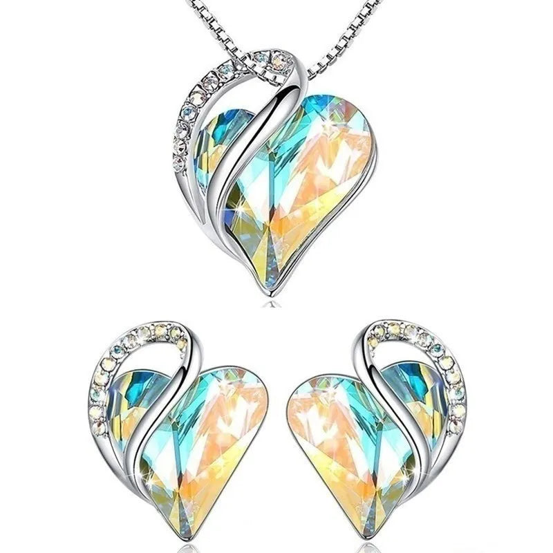 Love Heart Crystal Stud Earrings & Pendant Necklace Set
