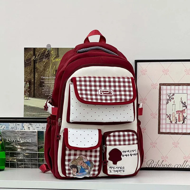 Polka Dot Plaid Girls School Backpack – Large Capacity Bag