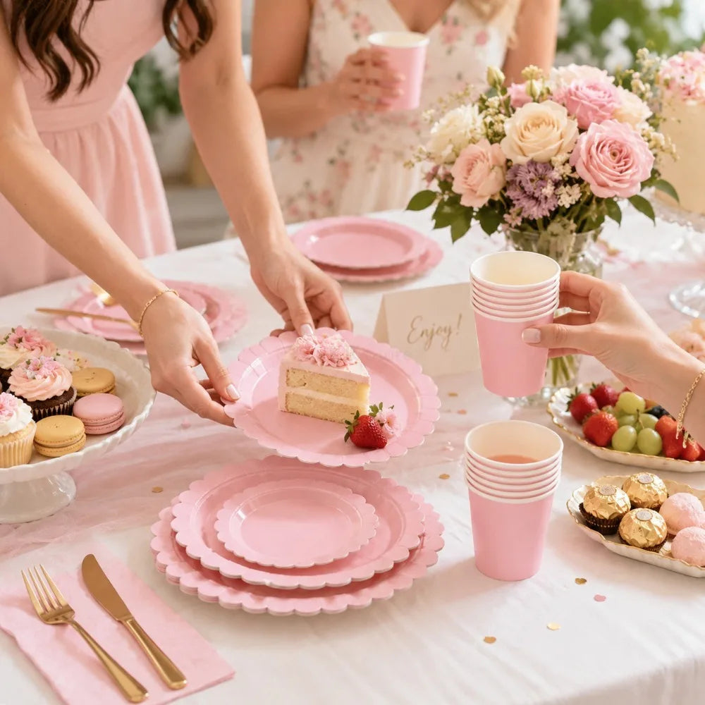 Pink Scalloped Disposable Tableware Set – Plates, Cups & Napkins