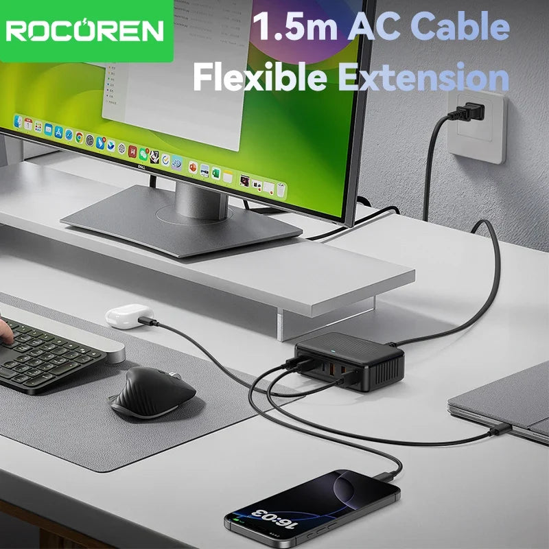 Rocoren 100W GaN Charger 6-Port Desktop Fast Charging Station