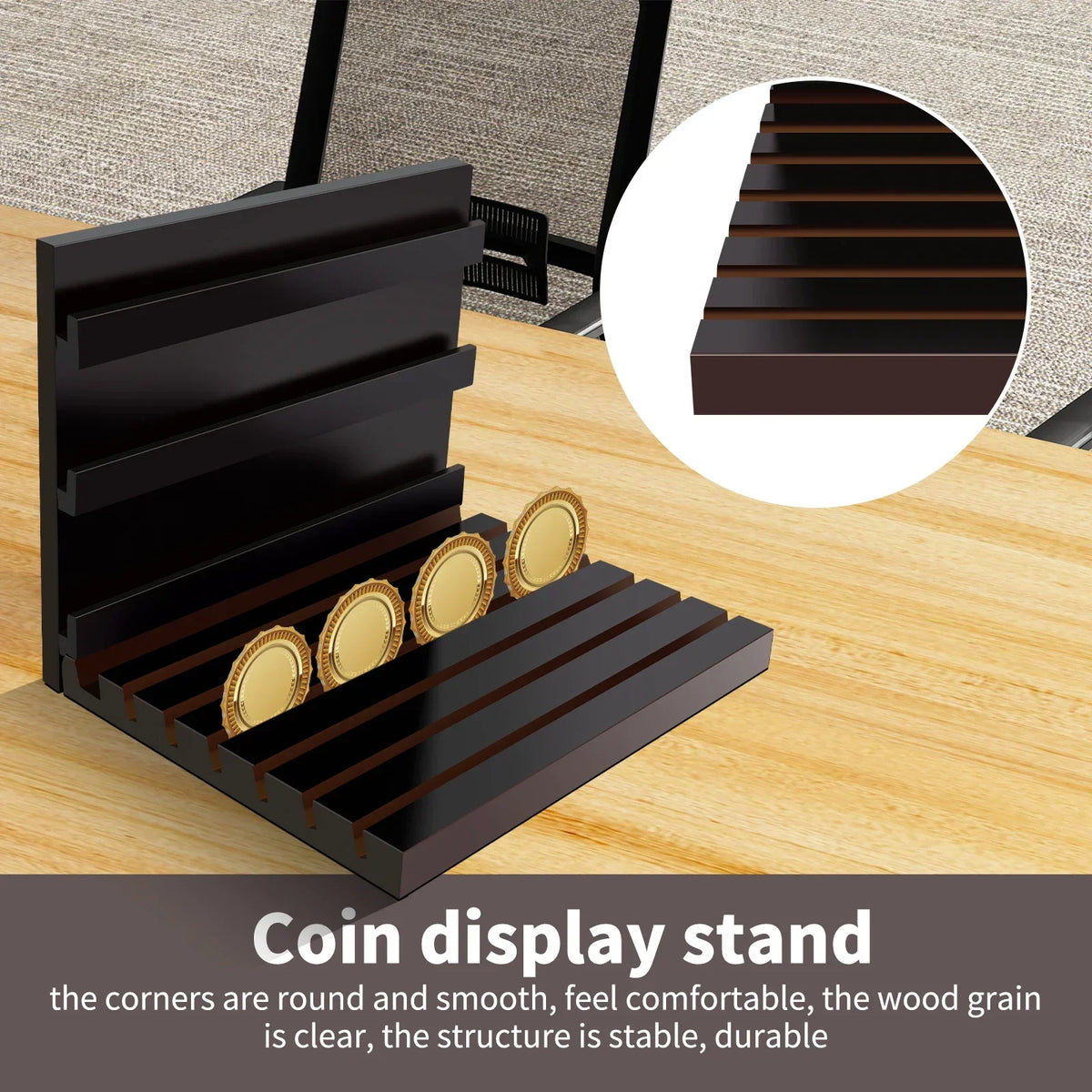 Wooden Coin Display Stand – Collector Shelf & Desk Organizer