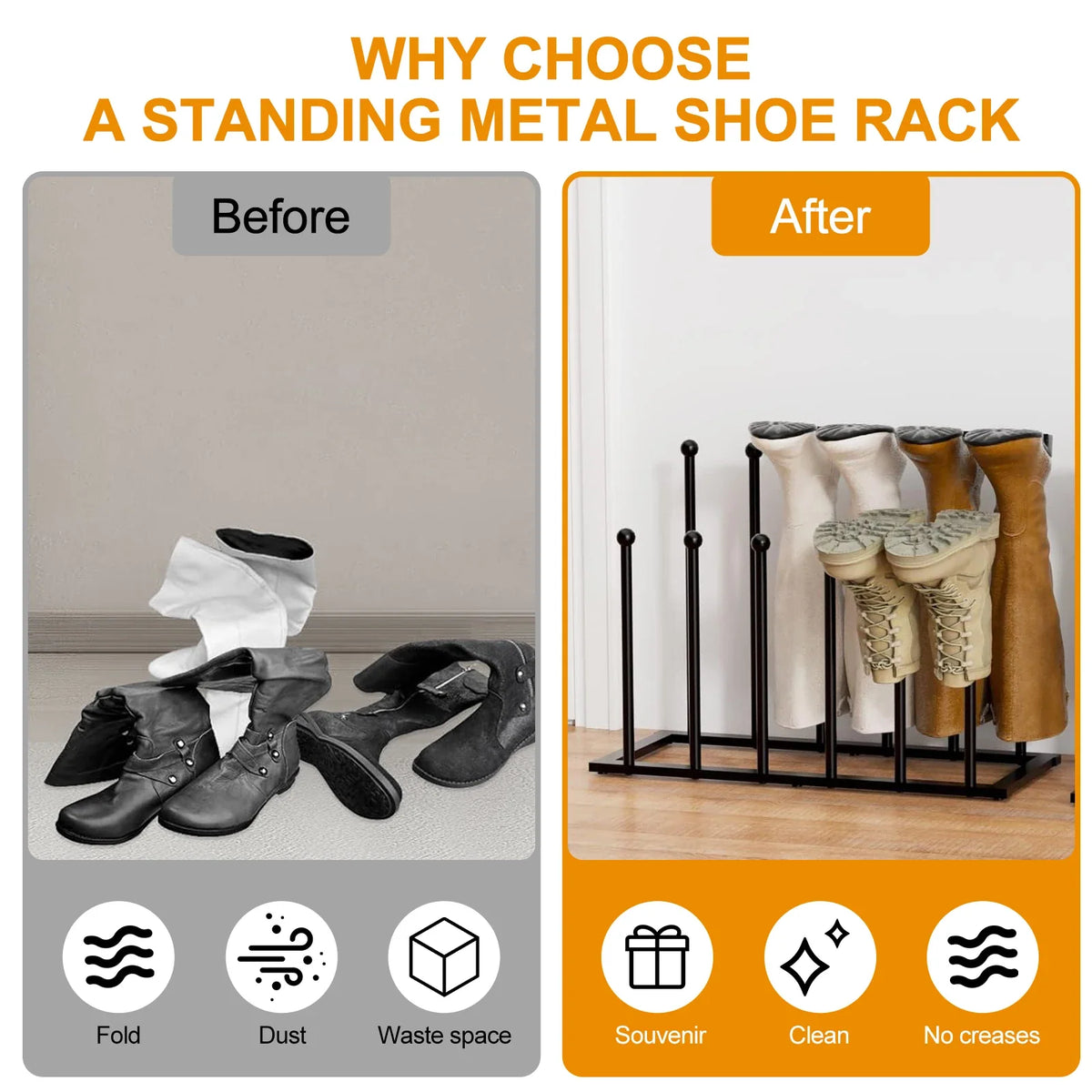 Free Standing Metal Boot Rack – Holds 6 Pairs, Black & White