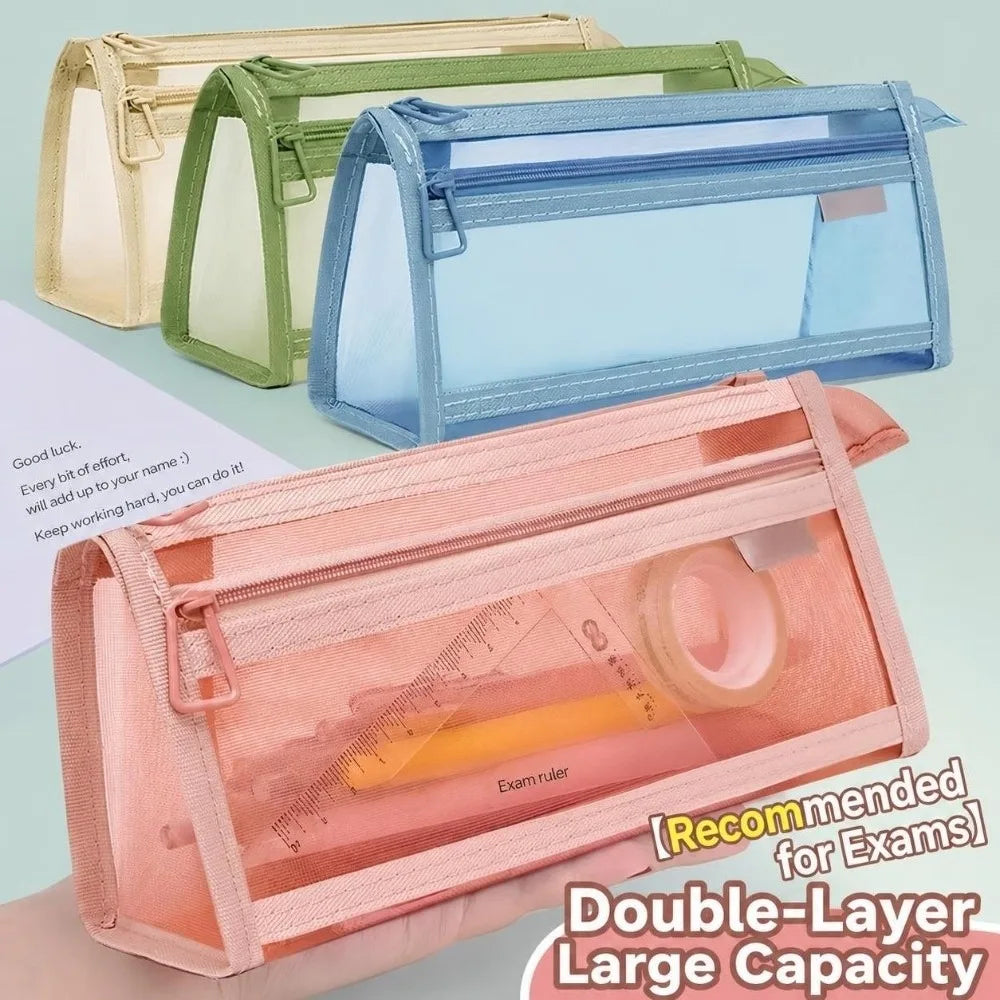 Transparent Mesh Pencil Case – Double Layer Large Capacity