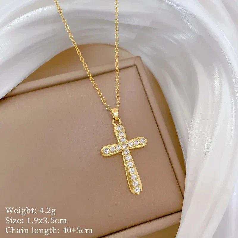 Women's Gold Cross Pendant Necklace – Stainless Steel & Zircon