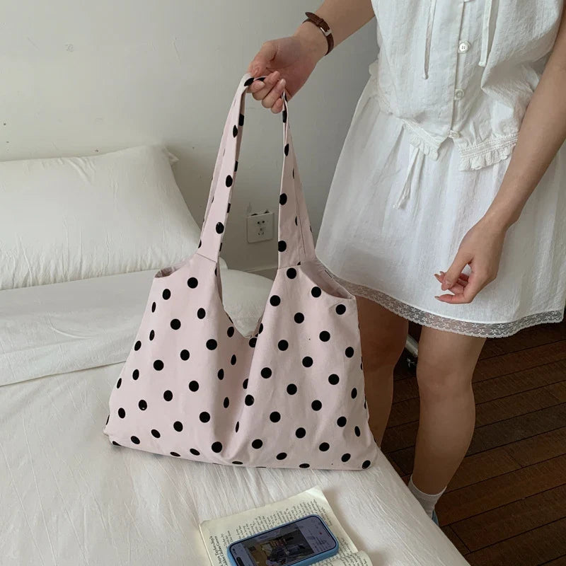 Korean Polka Dot Canvas Tote Bag – Retro Minimalist Shoulder Bag