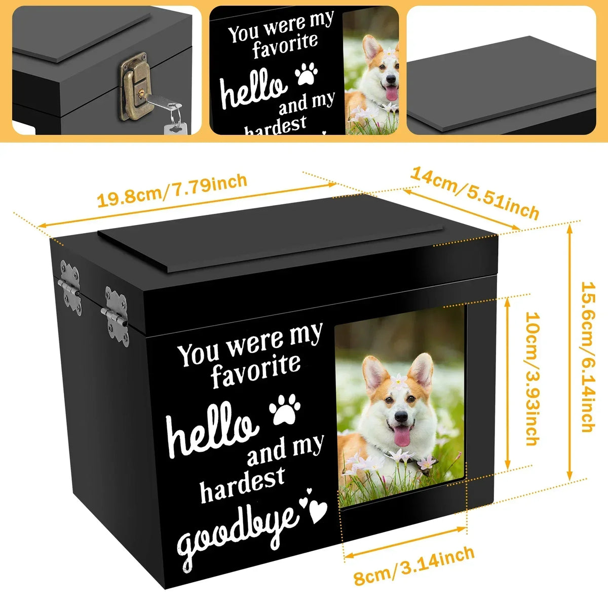 Wood Pet Memorial Urn with Photo Frame, Key & Lock – Dog & Cat