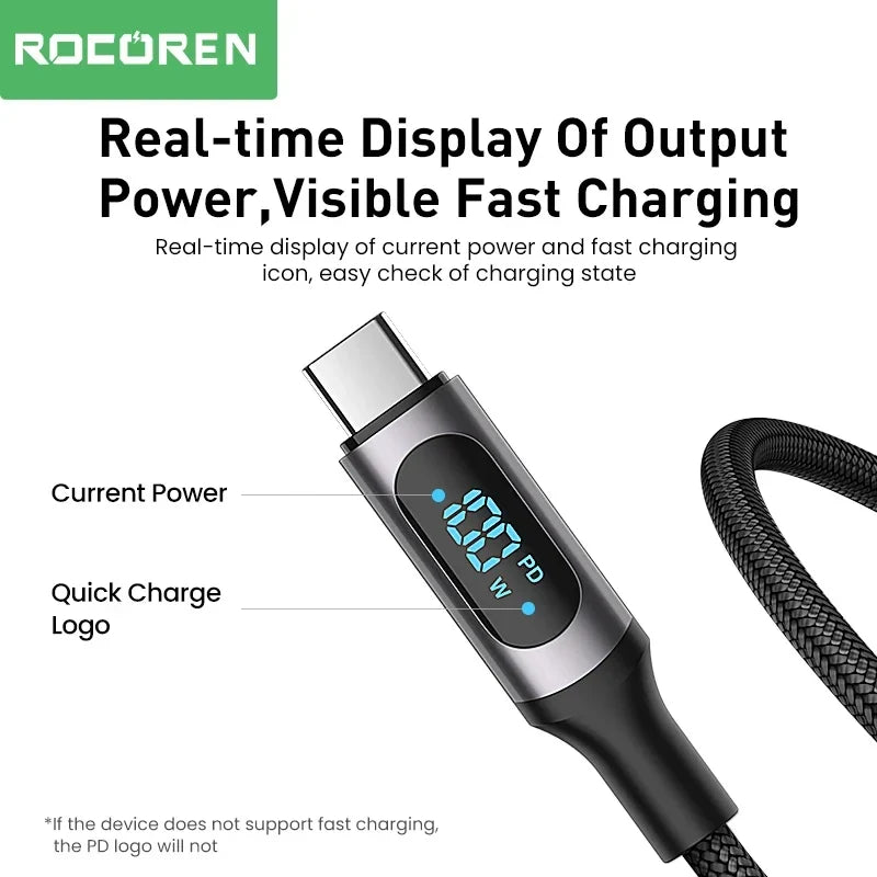 Rocoren 100W USB-C Cable 5A Fast Charging LED Display PD
