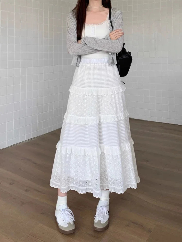 Women's White Lace Ruffle Midi Skirt | High Waist A-Line Ballet