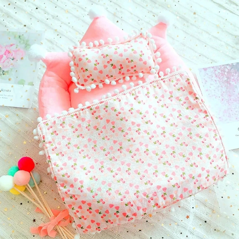 Mini Doll Bed 3-Piece Bedding Set for 10cm Dolls | Pink & Yellow