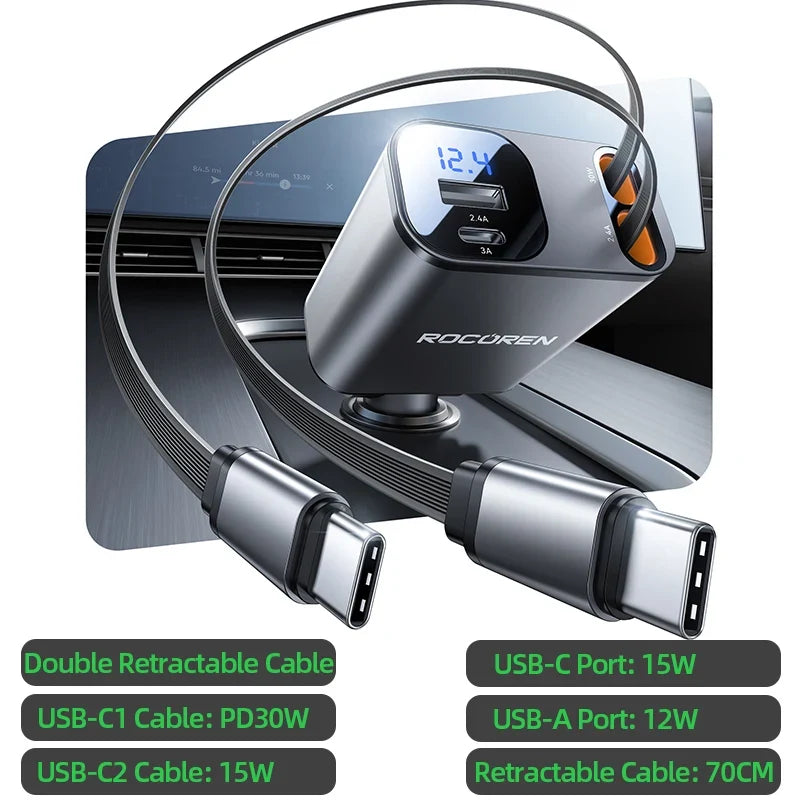 Rocoren 4-in-1 PD 30W Car Charger – Digital Display & Retractable