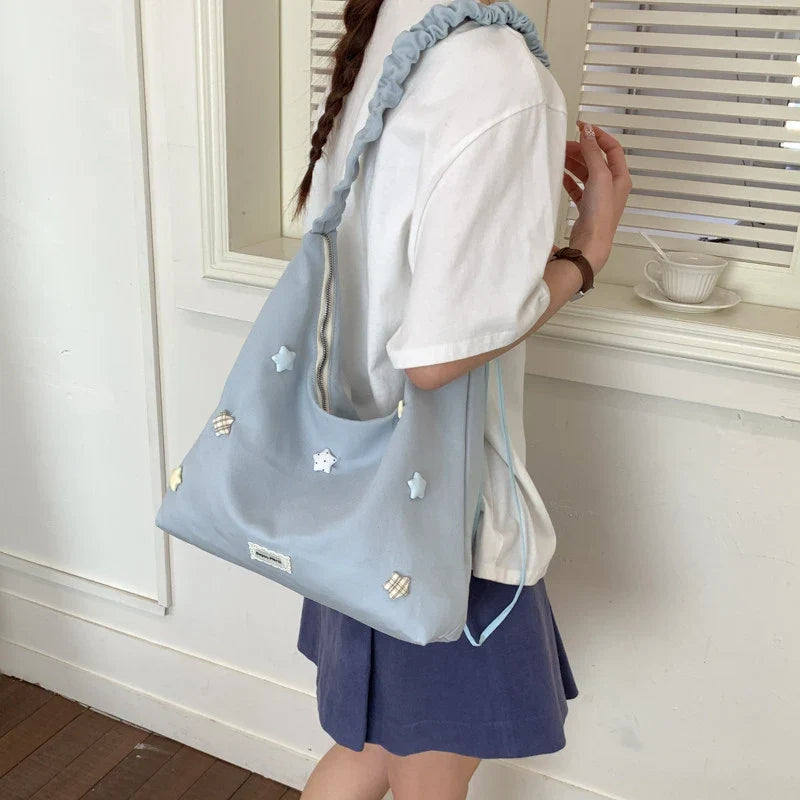 Korean Star Canvas Drawstring Crossbody Shoulder Bag for Women