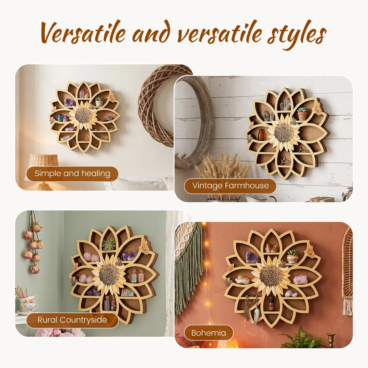 Sunflower Crystal Wall Shelf – Boho Farmhouse Wood Wall Decor