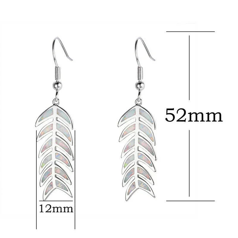 Vintage Simulated Opal Feather Dangle Drop Earrings | Retro