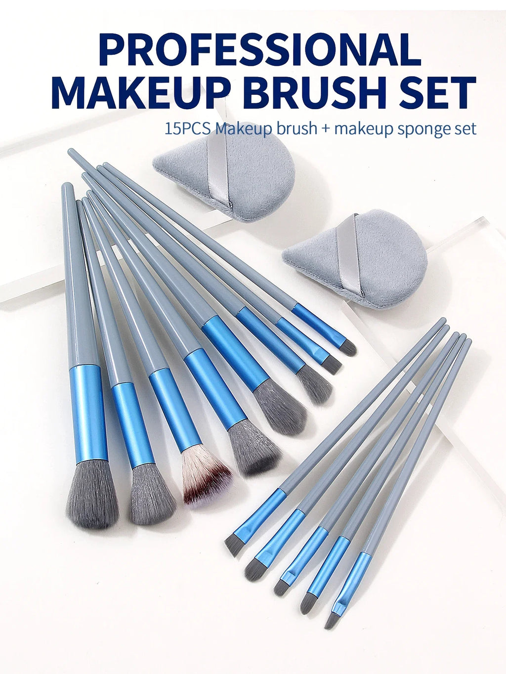 15Pc Makeup Brush Set + 2 Triangle Puffs | Pro Synthetic Kit