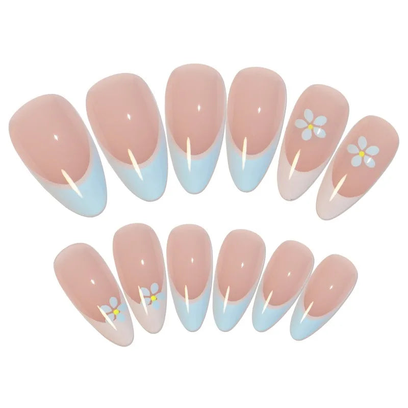 Handmade Nude Blue Floral Press-On Nails L – 24 Pcs Set