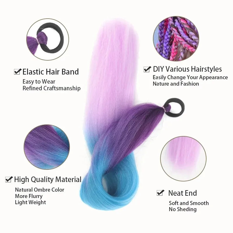 26" Synthetic Ponytail Extension Ombre Pink Purple Blue | Kanekalon