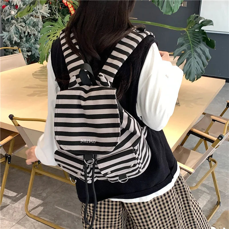 Korean Striped Canvas Drawstring Backpack – Casual School Travel Bag