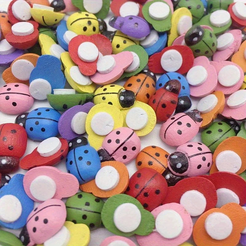 100Pcs Wooden Mini Ladybug Stickers – Self-Adhesive DIY Craft