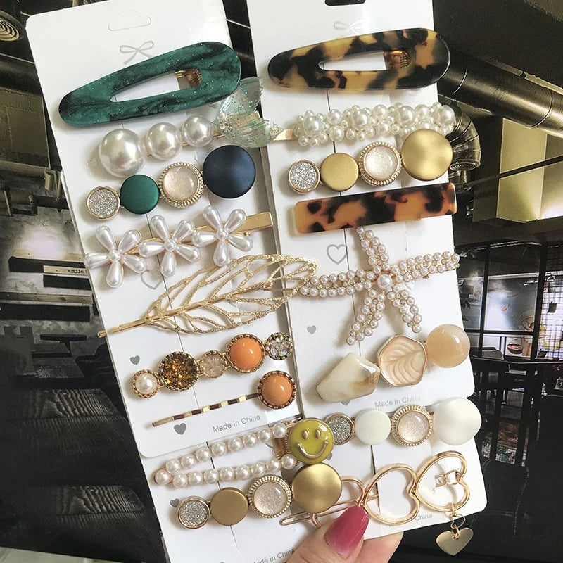 Pearl Crystal Hair Clips Set – Korean Geometric Barrettes