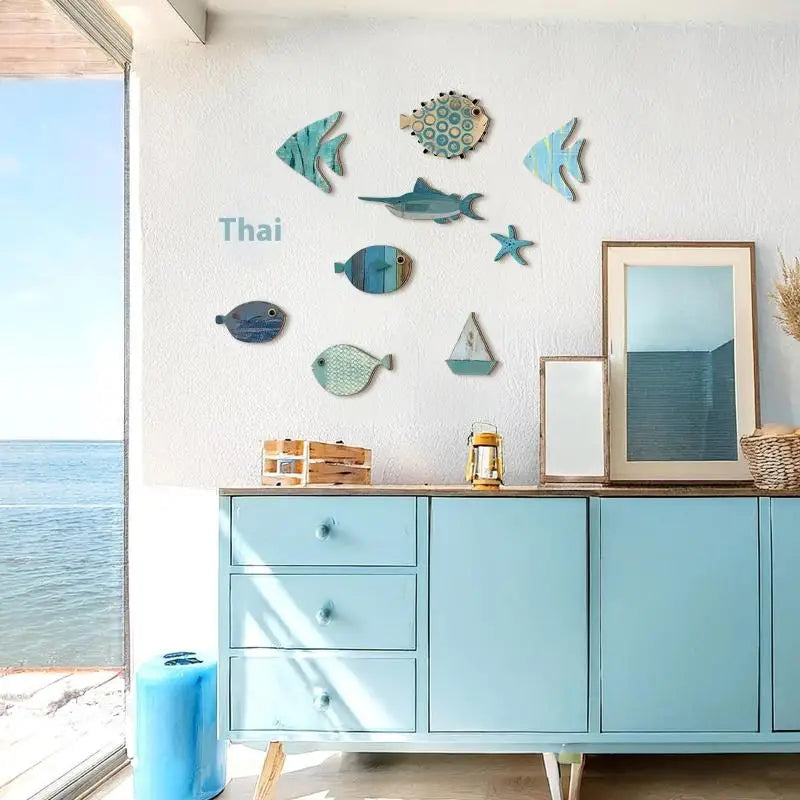 10-Piece Wooden Fish Wall Decor – Nautical Coastal Beach Art