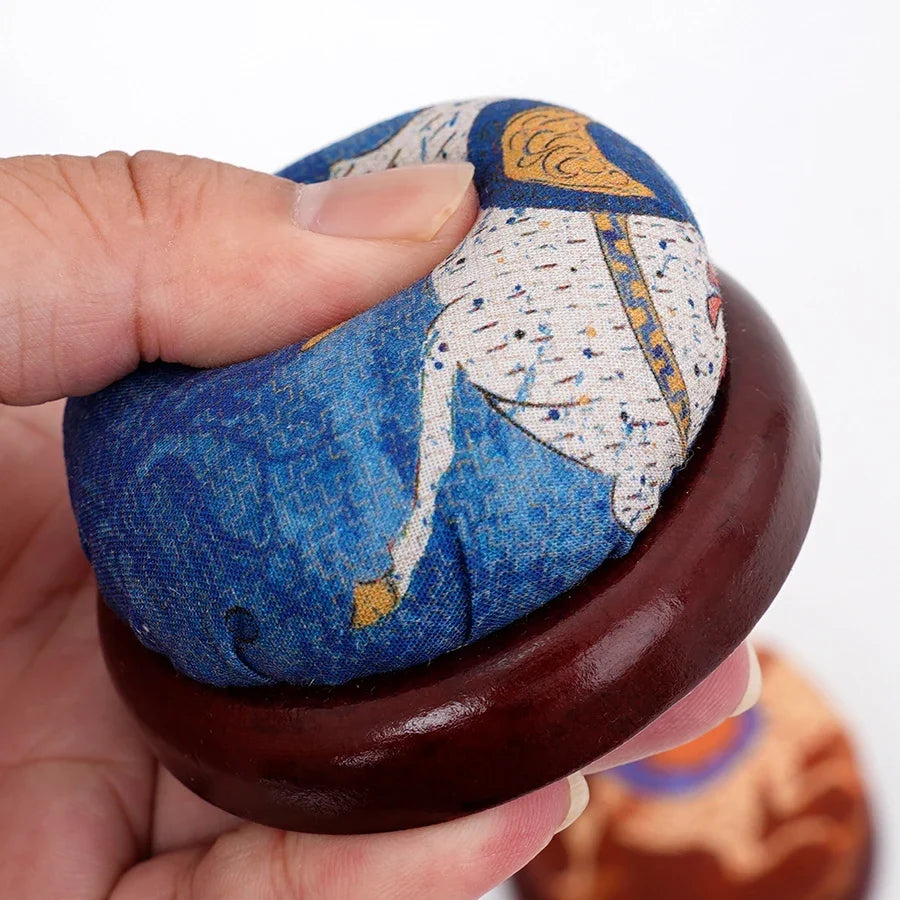 Retro Chinese Fabric Pin Cushion with Wooden Base | Sewing Tool