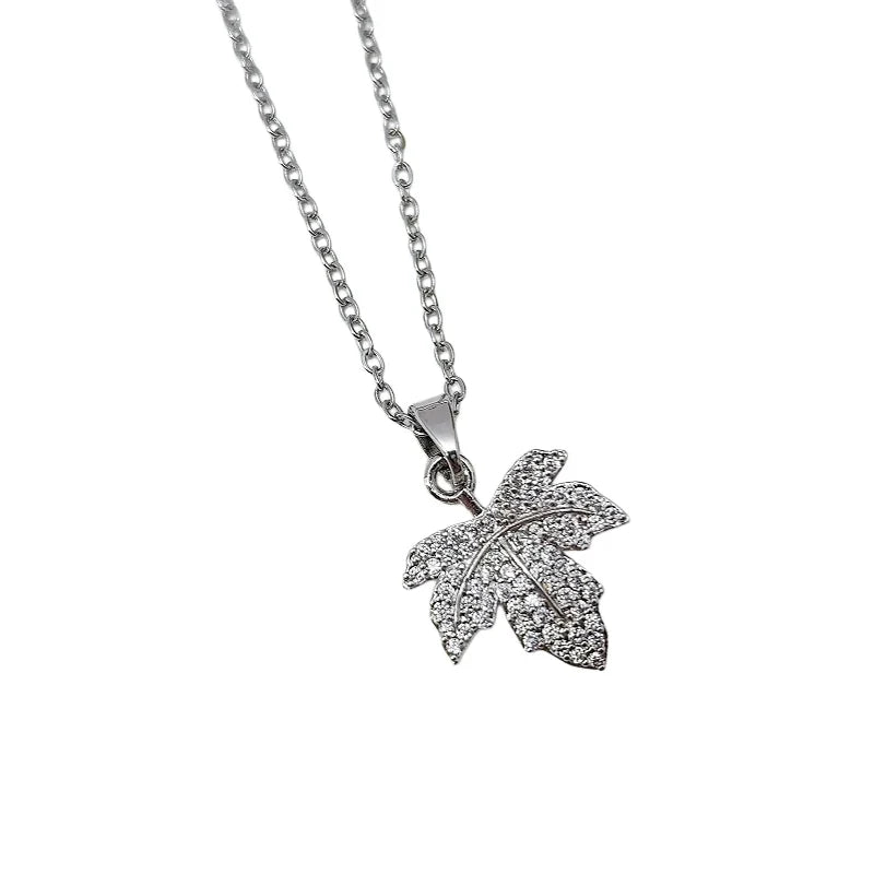 Zircon Leaf Pendant Necklace – Gold & Silver Clavicle Chain