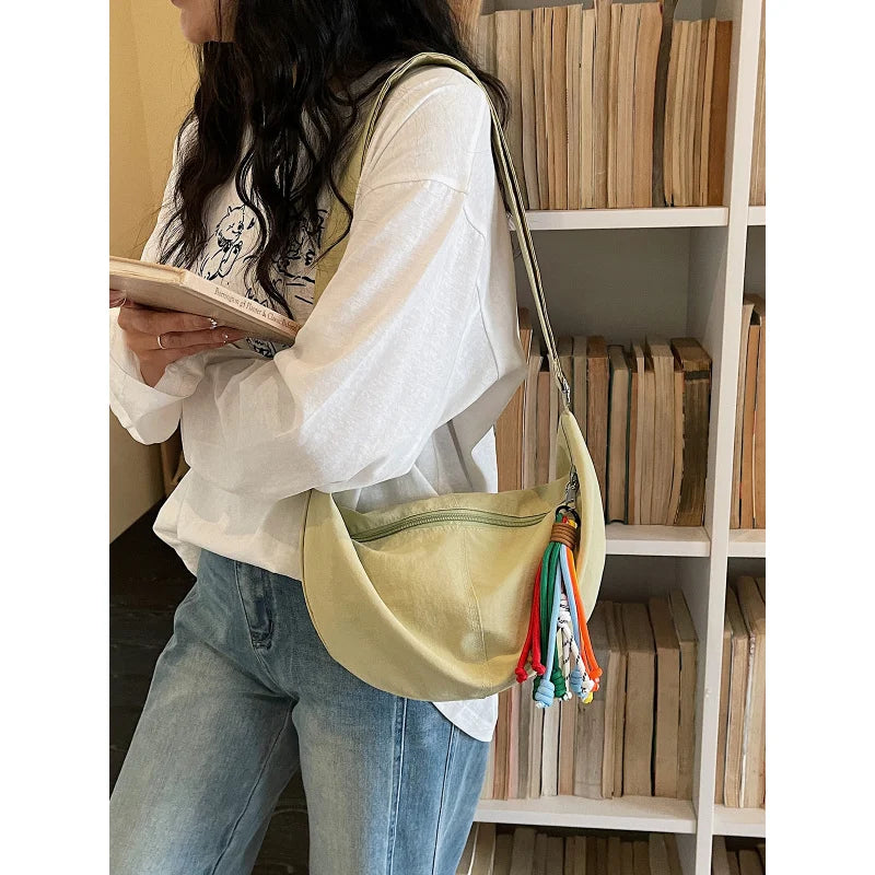 Korean Minimalist Croissant Crossbody Bag – Solid Color Nylon