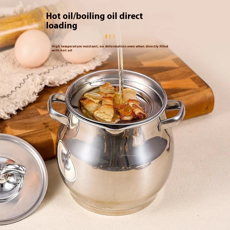Stainless Steel 1.5L Oil Filter Pot with Lid & Strainer