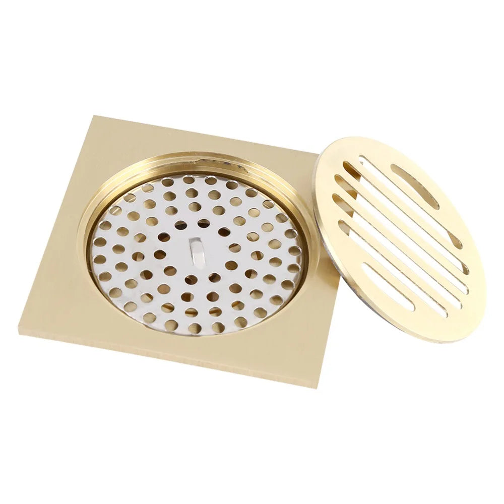 Brass Square Shower Floor Drain Removable Strainer – Gold Finish