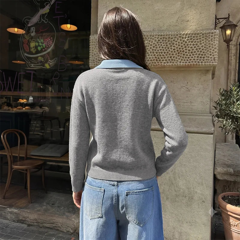 Women's Polo Neck Patchwork Knit Pullover Sweater | Loose Fit
