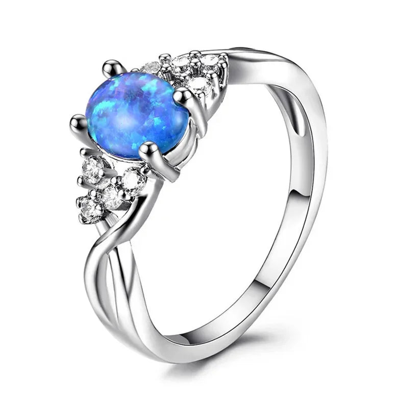 Women Silver Oval Blue Simulated Opal CZ Ring Sizes 6–10