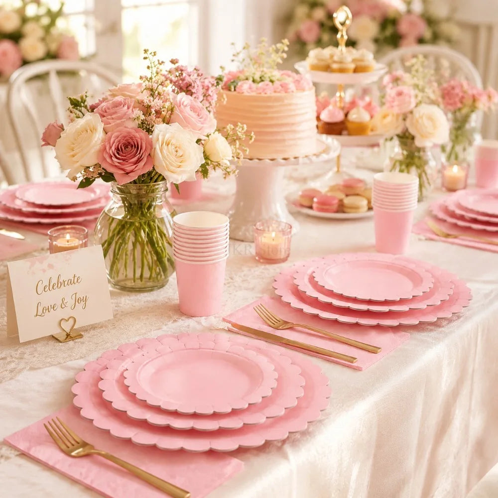 Pink Scalloped Disposable Tableware Set – Plates, Cups & Napkins
