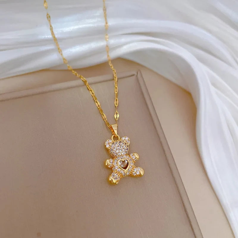 Heart Bear Pendant Gold Choker Necklace – Stainless Steel