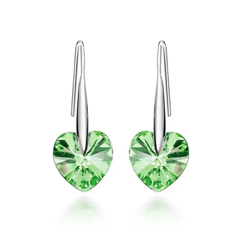 Women's Silver Green Rhinestone Heart Hook Drop Earrings