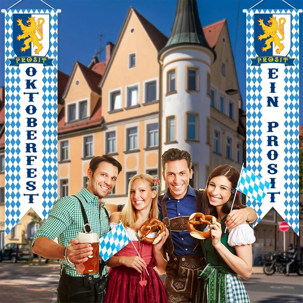 Oktoberfest Welcome Banner Set – Blue & White Bavarian Porch Decor