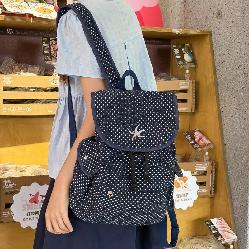 Korean Starfish Embroidered Polka Dot Canvas Backpack