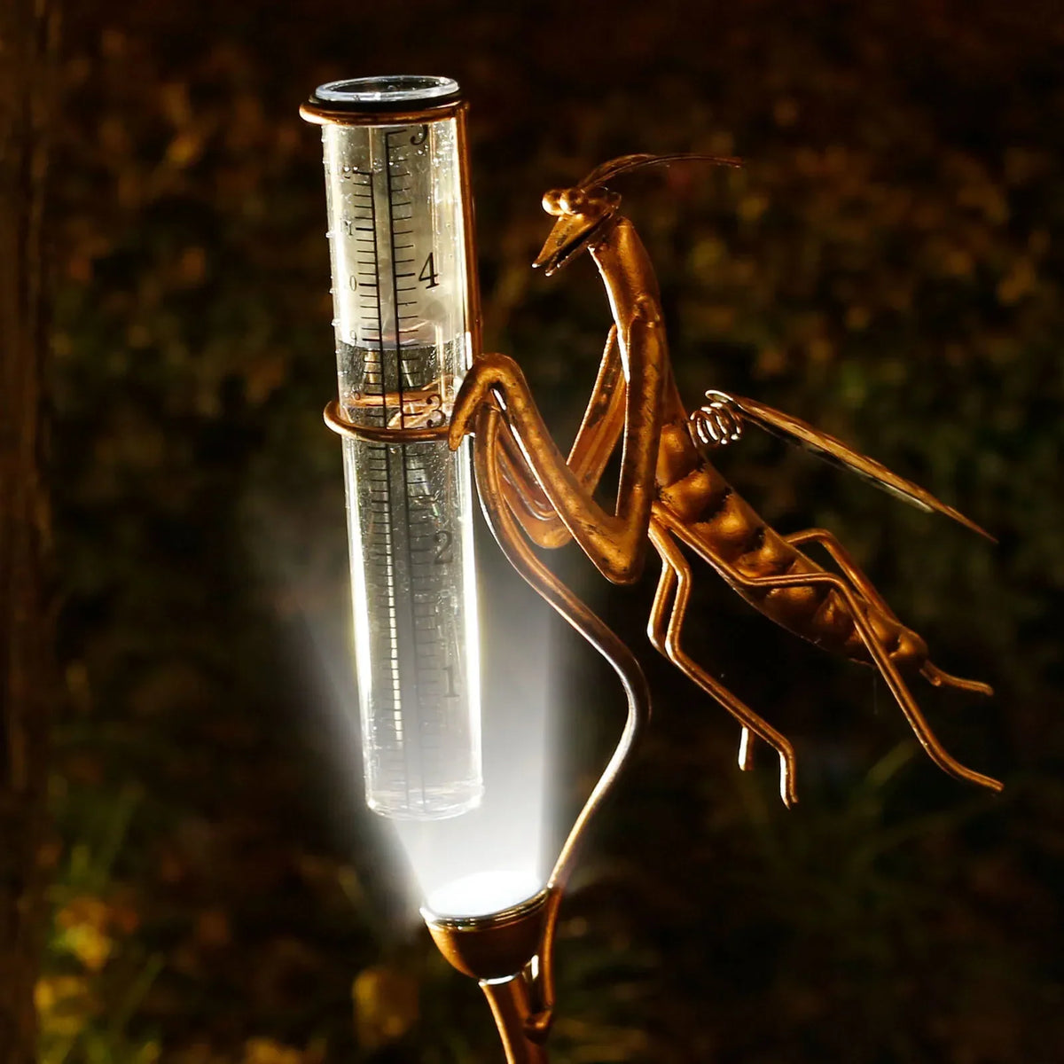 Solar Mantis Rain Gauge with LED Light – Decorative Garden Tool