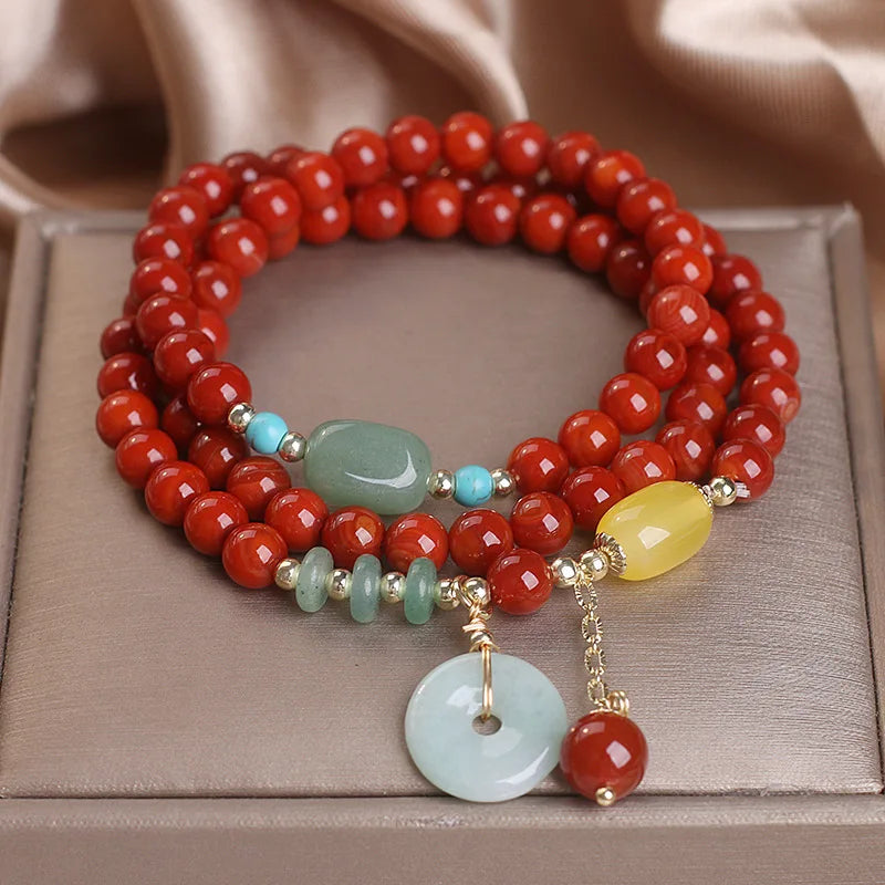 Natural Nanhong Agate Multi-Layer Peace Buckle Bracelet